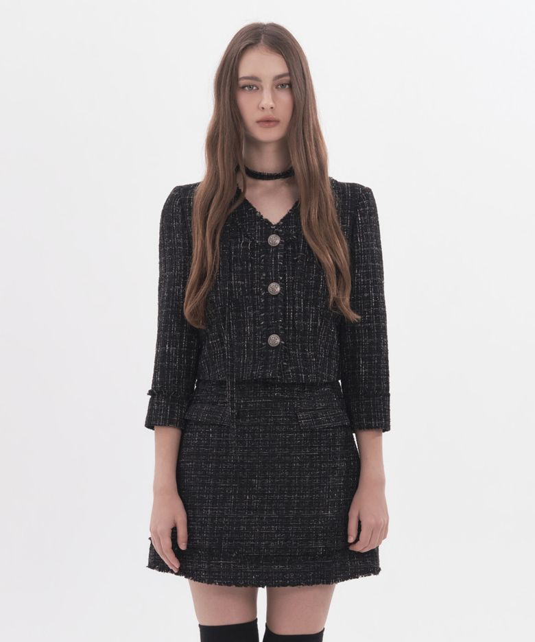 Fringed Tweed Mid-Sleeve Jacket - Multi Black