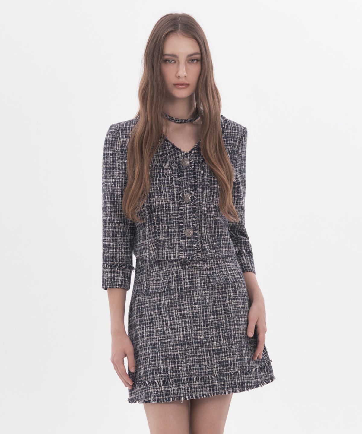 마우솔레움(MAU SOLEUM) Fringed Tweed Mid-Sleeve Jacket - Navy