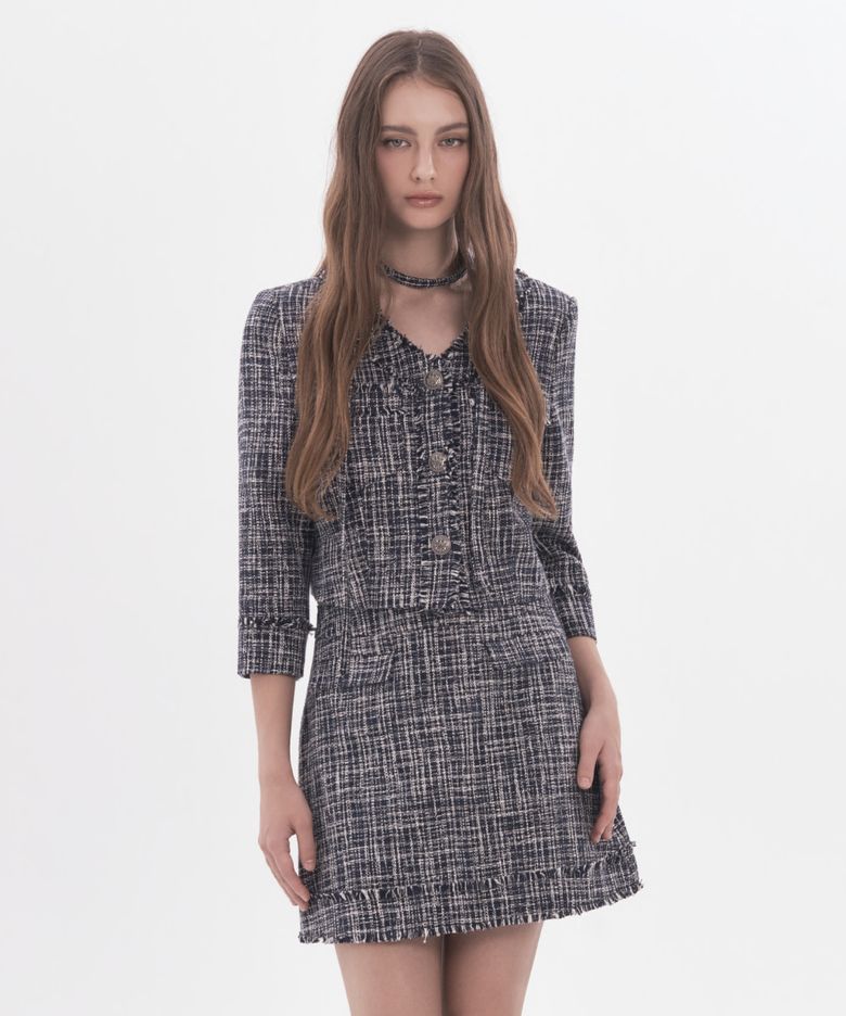 Fringed Tweed Mid-Sleeve Jacket - Navy
