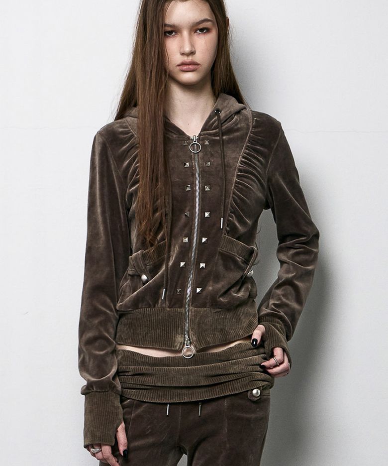 Stud Velour Hood Zip Up (KHAKI BROWN)