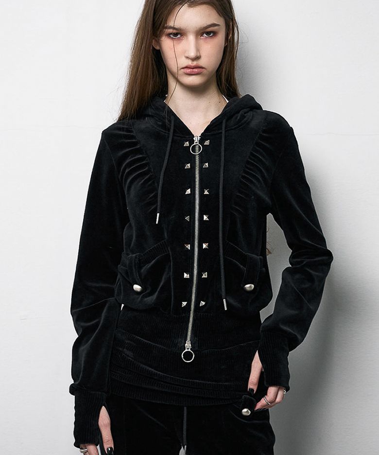 Stud Velour Hood Zip Up (BLACK)