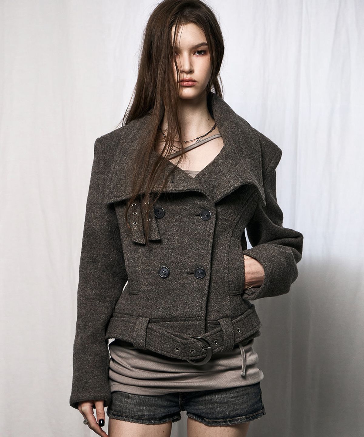 낫노잉(NOTKNOWING) Double Belted High-Neck Coat (BROWN)