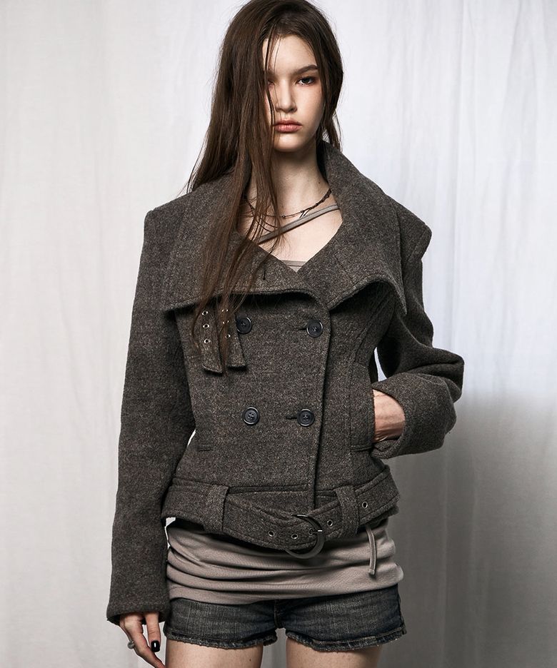 Double Belted High-Neck Coat (BROWN)
