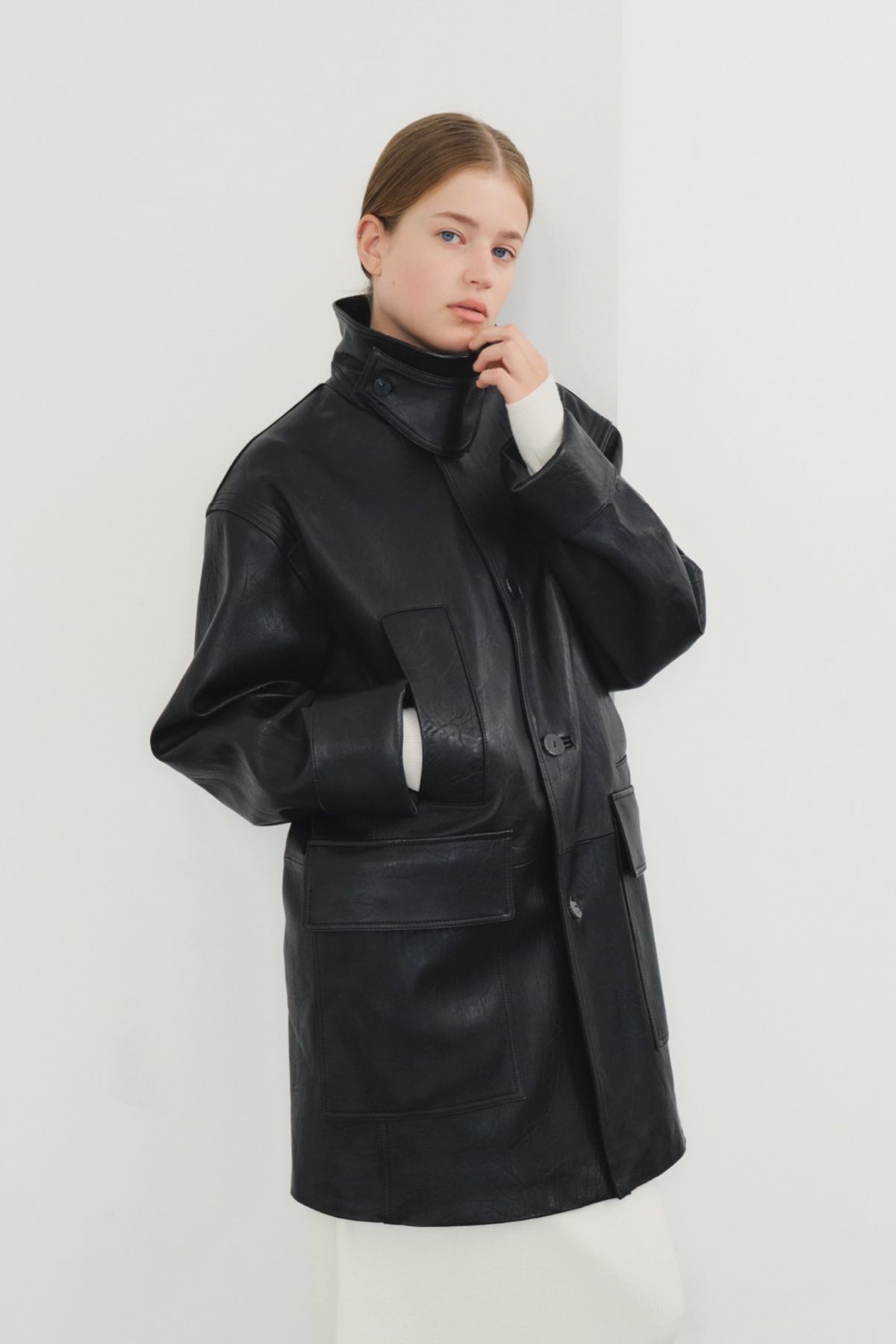 쿠메(KUMÉ) Nappa Lambskin Car Coat,  Black