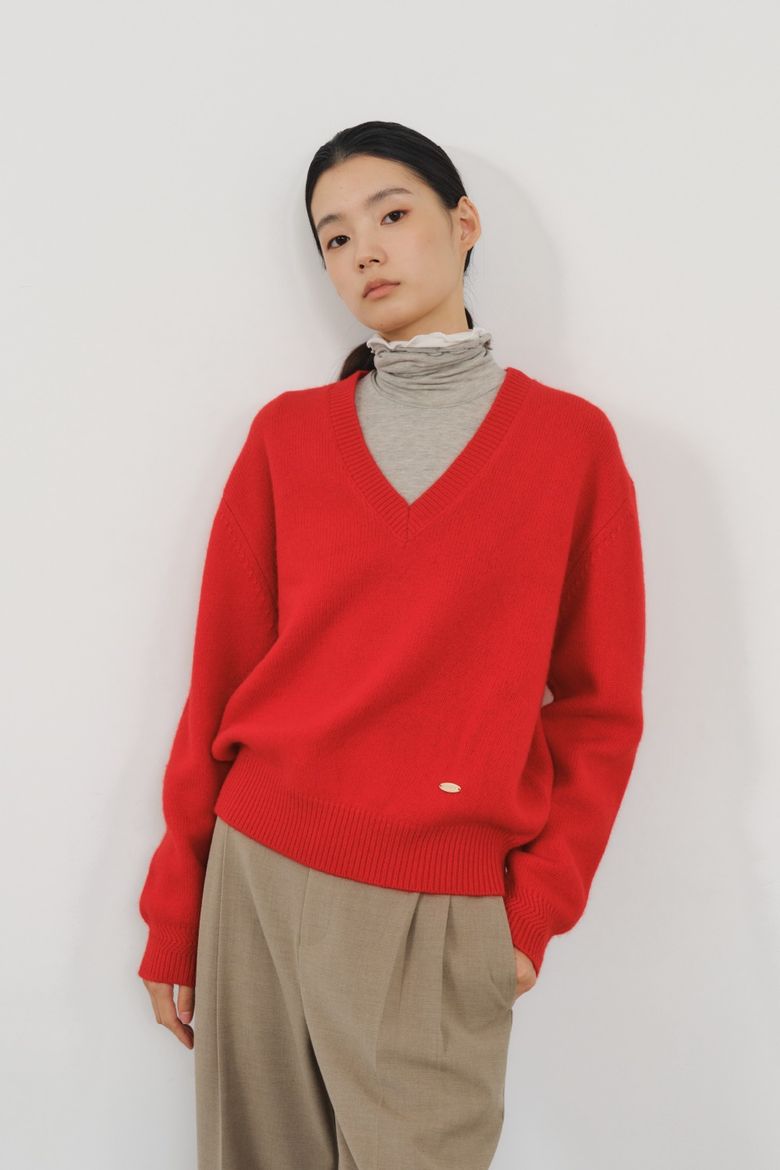 Wool Relaxed V-Neck Sweater, Red