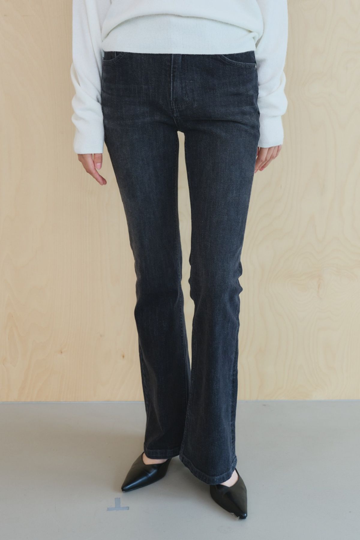 쿠메(KUMÉ) Washed Slim Stretch Bootcut Pants, Black