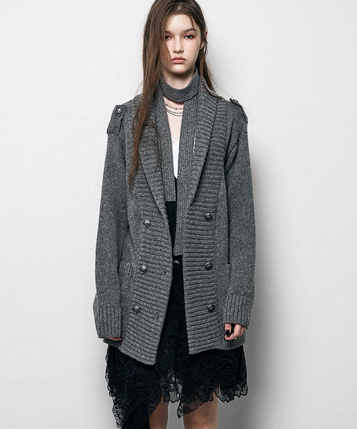 낫노잉(NOTKNOWING) Double Button Mili Cardigan (HEATHER GREY)