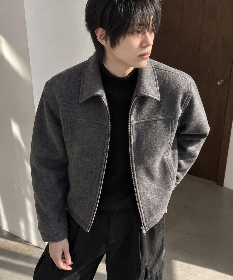 싱글 카라 크롭 울자켓 그레이