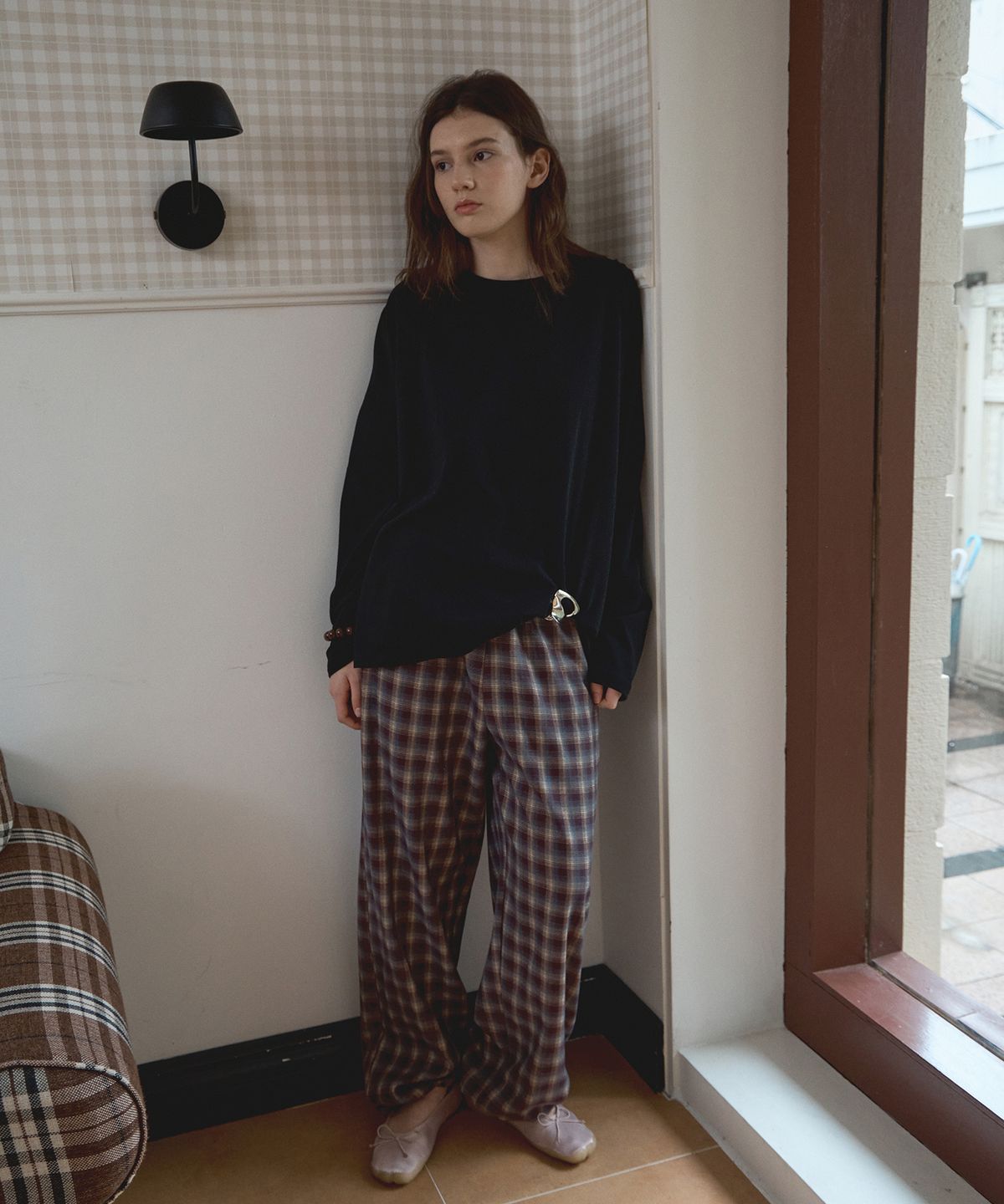 바니쉬먼트(VANISHMENT) Check relax easy pants_burgundy