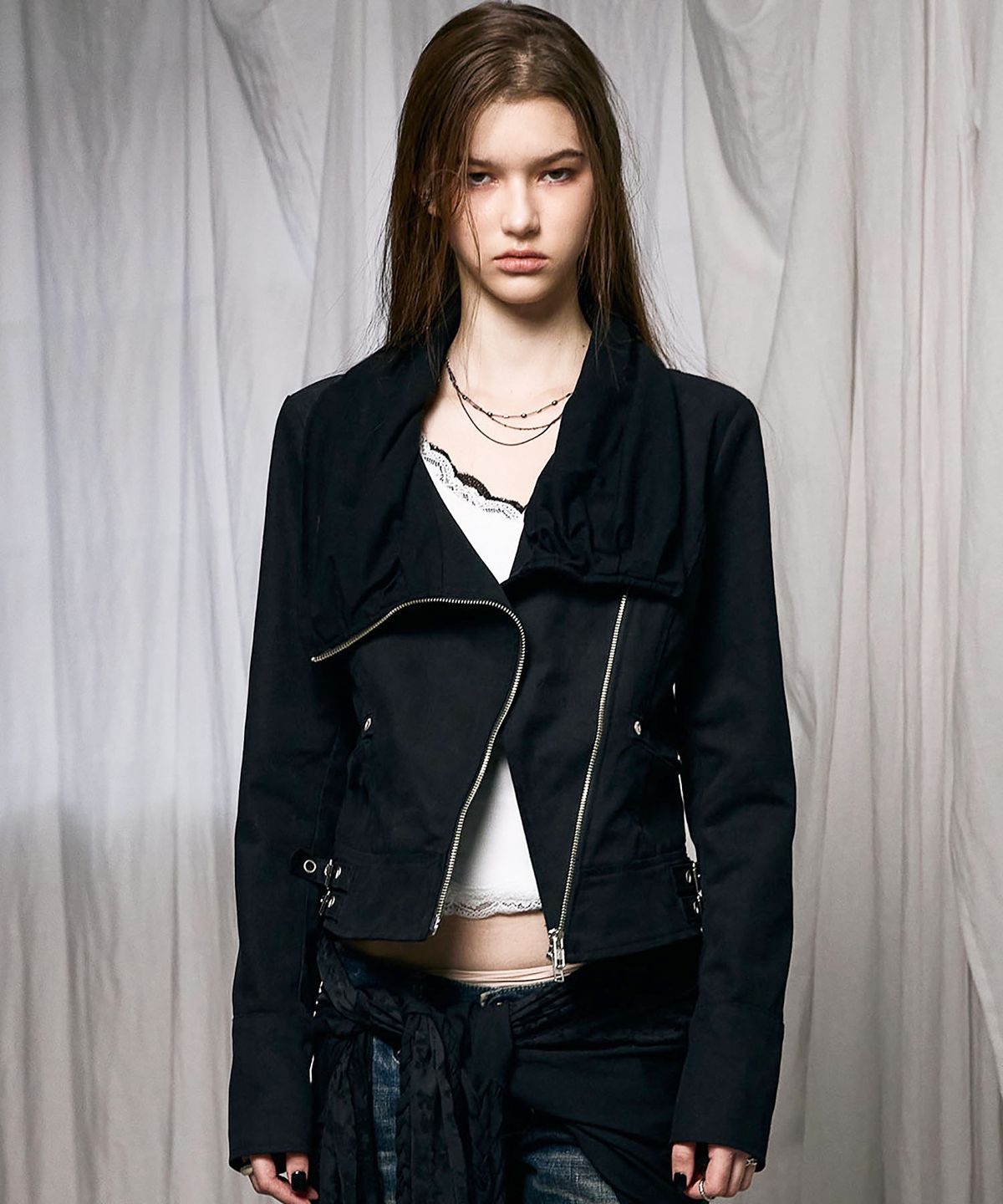 낫노잉(NOTKNOWING) Drape Neck Biker Jacket (BLACK)