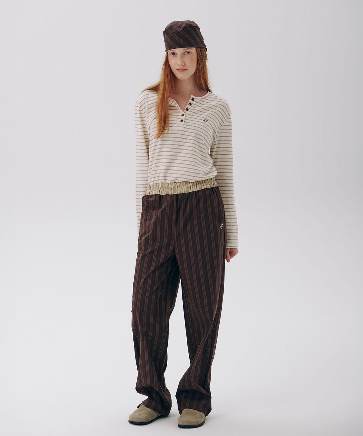 준준스페이스(JUNEJUNE SPACE) Stripe Wide Pants_Dark Brown