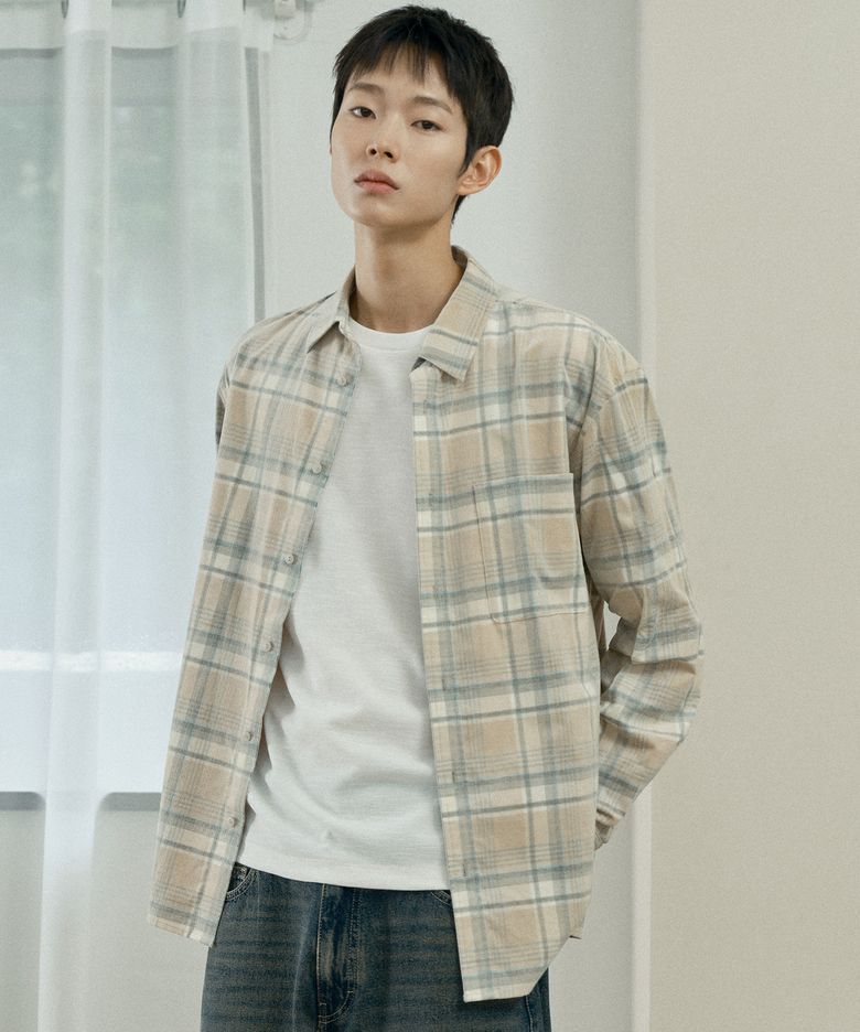 [COUTURE]40수 베이지 체크 코듀로이 오버핏 셔츠