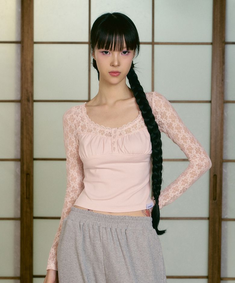 쉘 레이스 버튼 탑 (핑크)