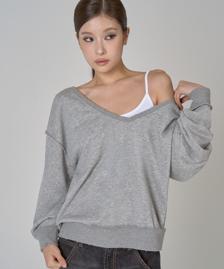 DEEP V-NECK OVERSIZED SWEATSHIRT (MELANGE  GRAY)
