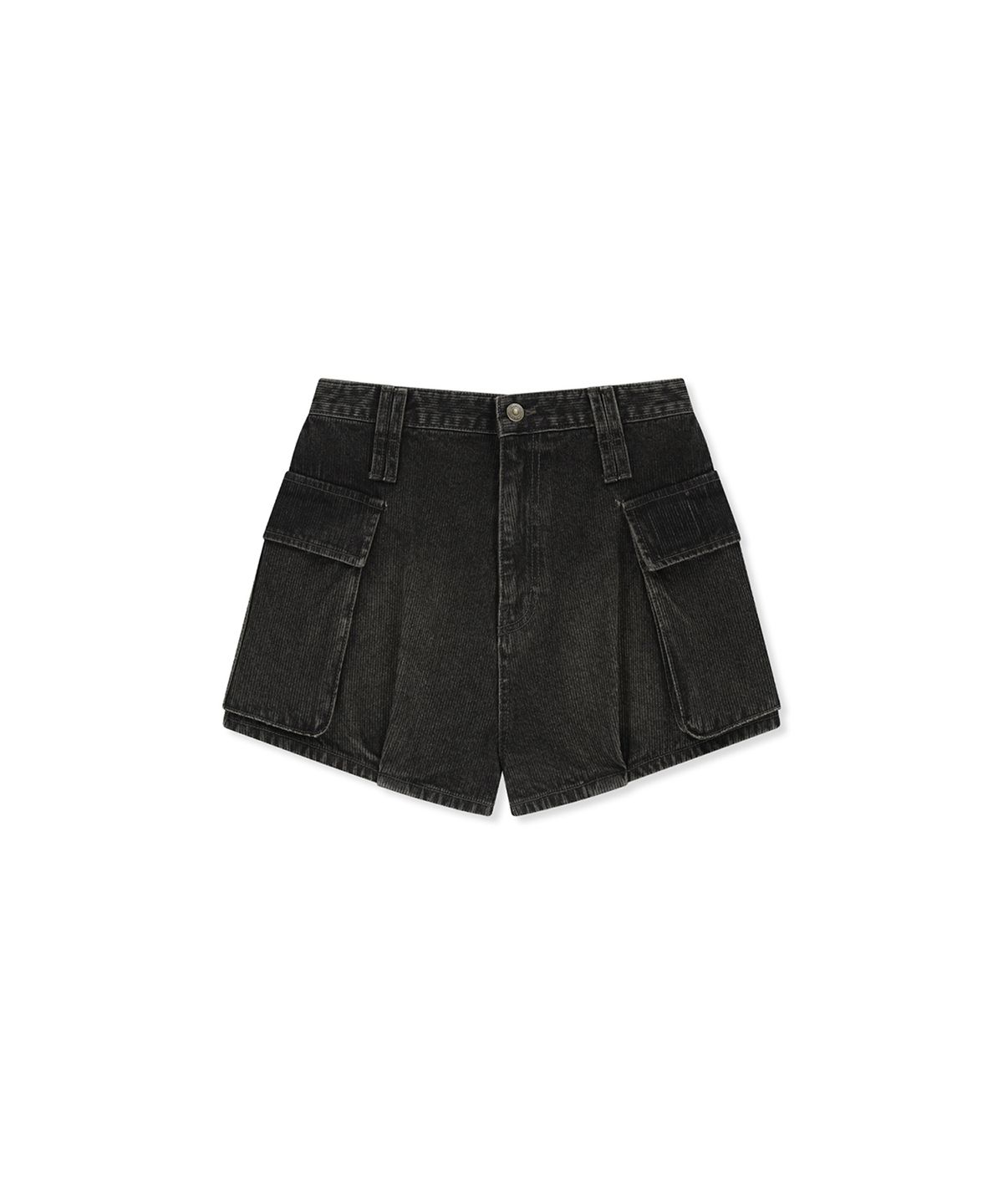 마뗑킴(MATIN KIM) WASHED RIB DENIM BALLOON SHORTS IN DARK GREY