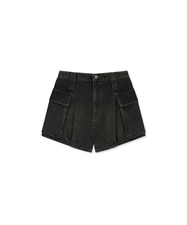 WASHED RIB DENIM BALLOON SHORTS IN DARK GREY