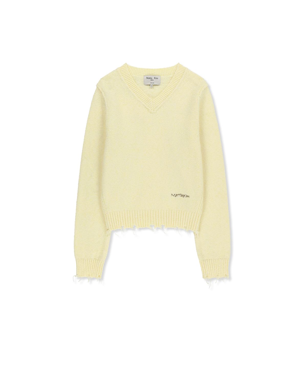 마뗑킴(MATIN KIM) DISTRESSED HEM V NECK KNIT PULLOVER IN LIGHT YELLOW