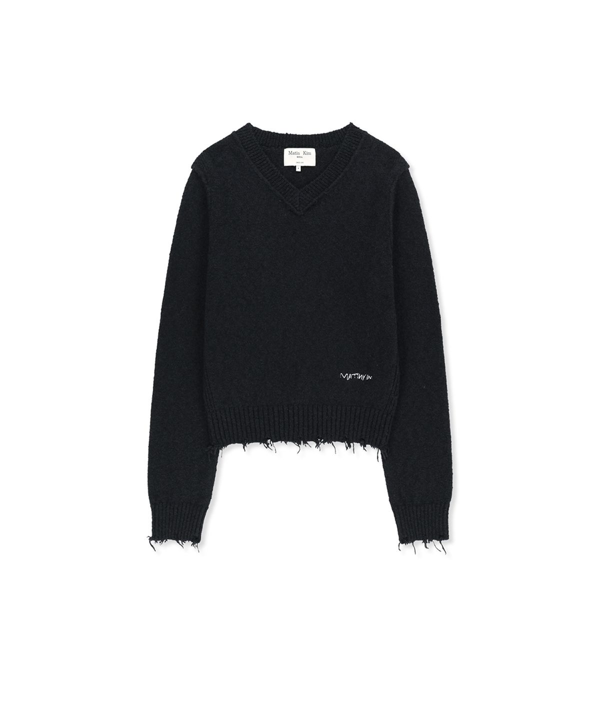 마뗑킴(MATIN KIM) DISTRESSED HEM V NECK KNIT PULLOVER IN DARK NAVY
