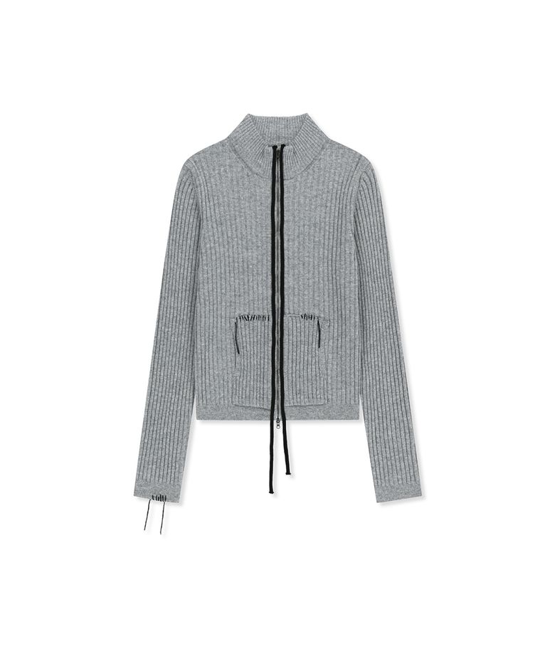 HAND STITCH SLIM FIT KNIT ZIP UP IN GREY