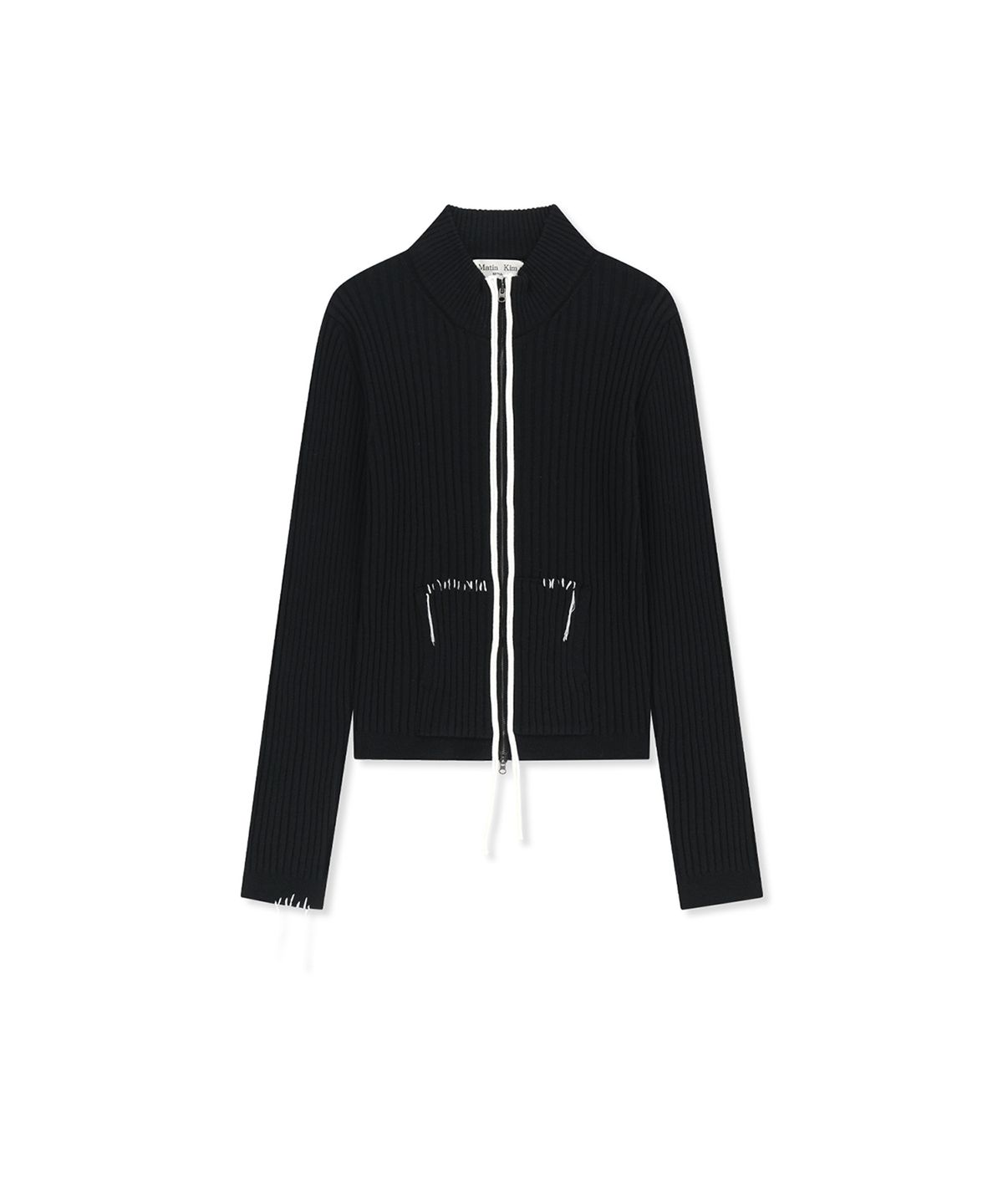 마뗑킴(MATIN KIM) HAND STITCH SLIM FIT KNIT ZIP UP IN BLACK