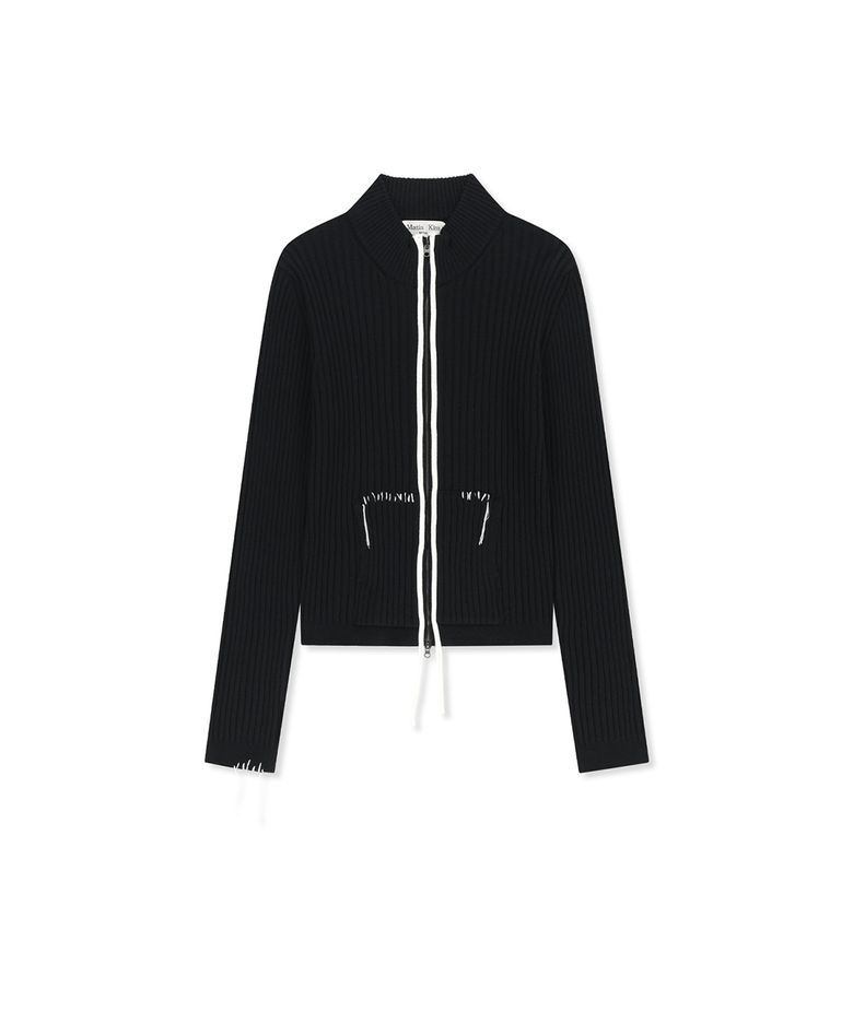 HAND STITCH SLIM FIT KNIT ZIP UP IN BLACK