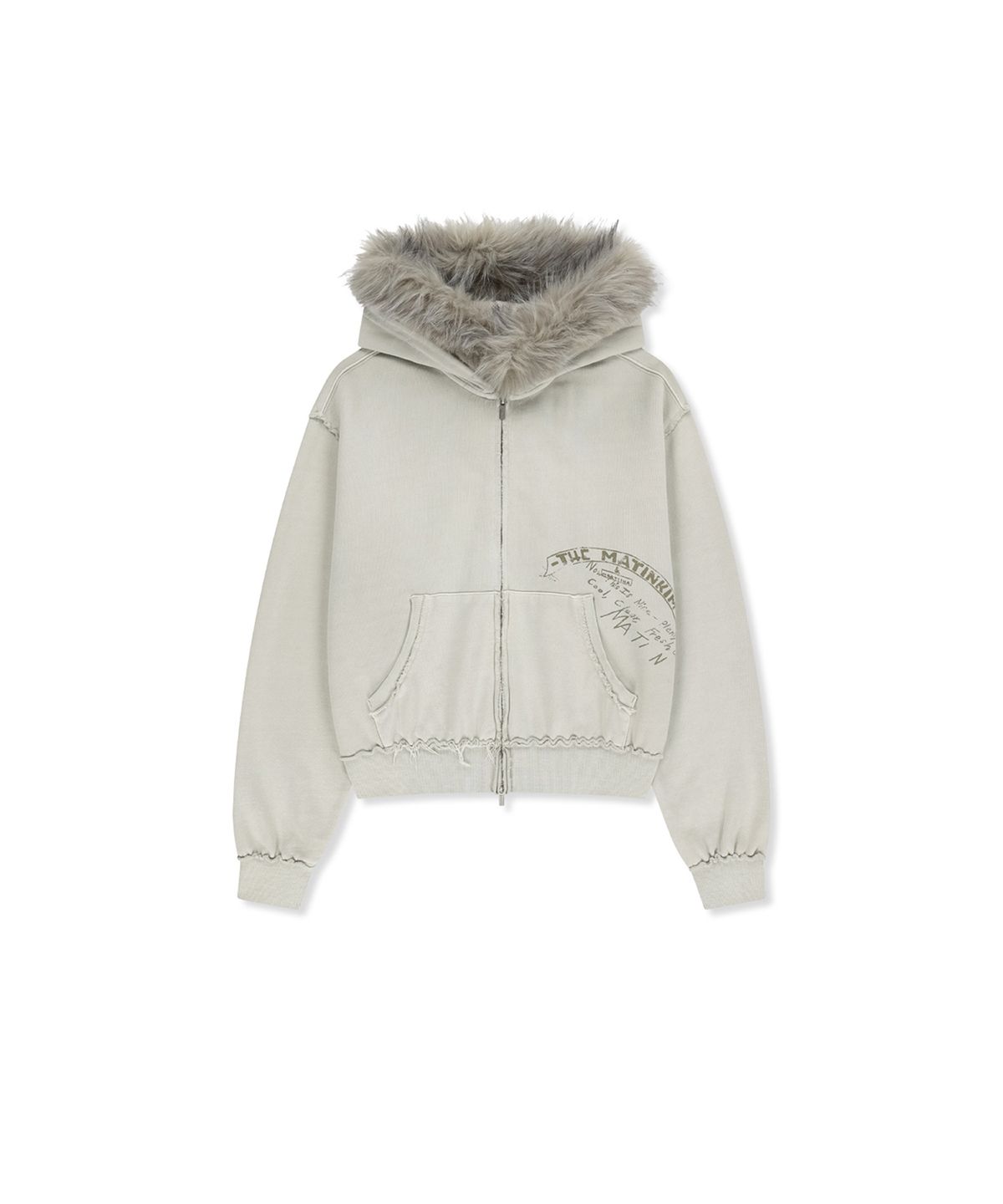 마뗑킴(MATIN KIM) VINTAGE GRAFFITI FUR-TRIM HOODY ZIP UP IN LIGHT BEIGE