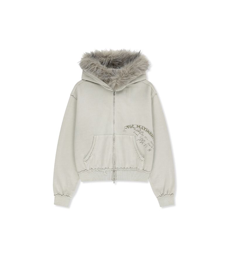 VINTAGE GRAFFITI FUR-TRIM HOODY ZIP UP IN LIGHT BEIGE