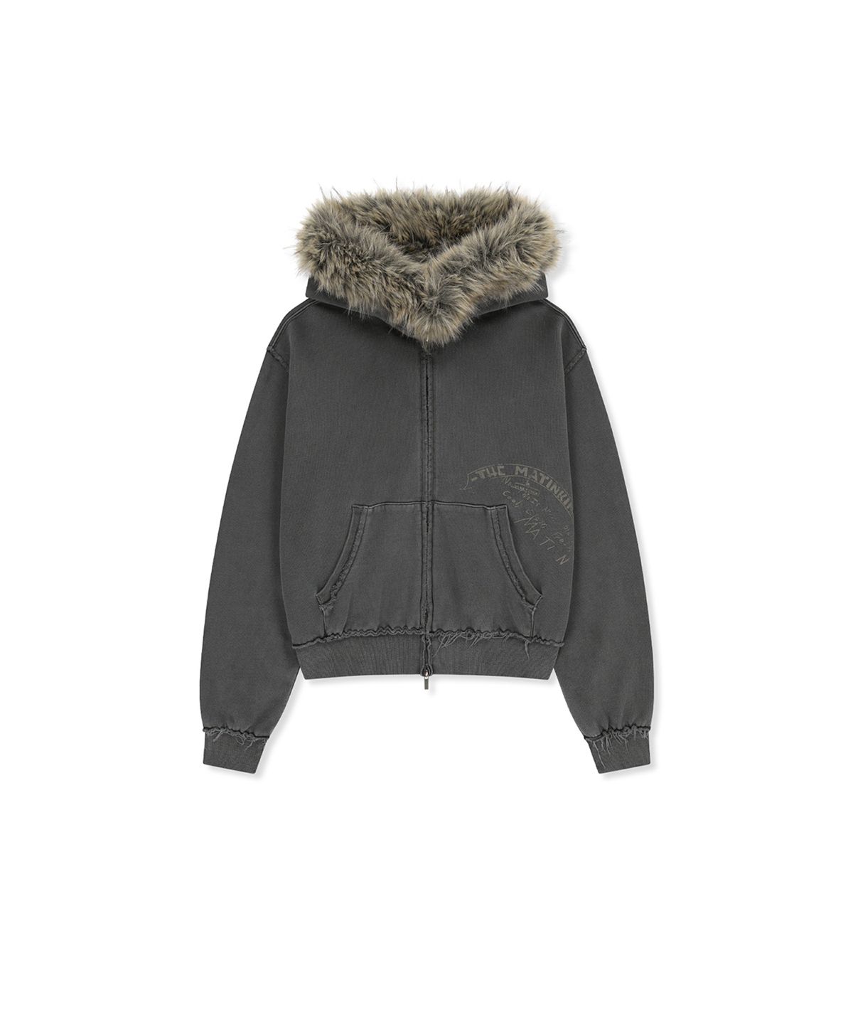 마뗑킴(MATIN KIM) VINTAGE GRAFFITI FUR-TRIM HOODY ZIP UP IN CHARCOAL