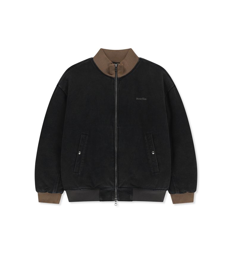 CONTRAST RIB BACK LOGO TERRY BOMBER IN CHARCOAL