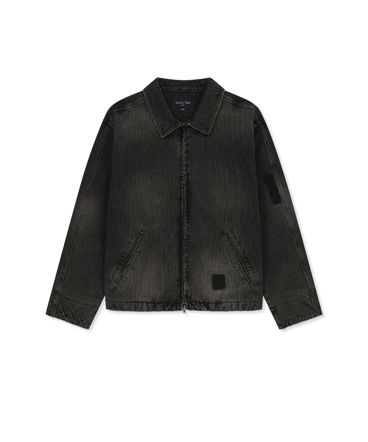 마뗑킴(MATIN KIM) WASHED RIB DENIM ZIP UP JUMPER FOR MEN IN DARK GREY