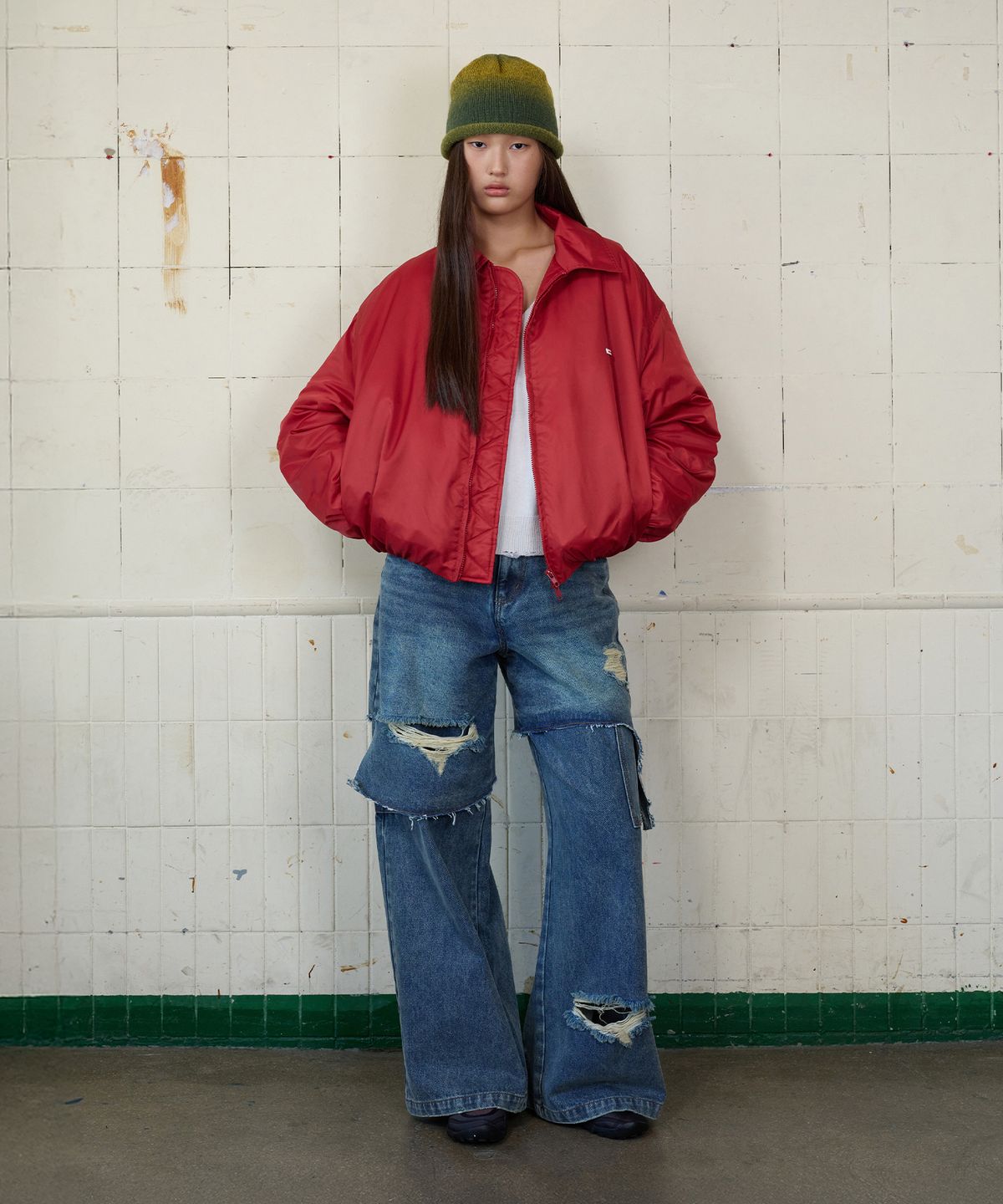 무드베러(MOODBETTER) DESTROYED LAYERED DENIM PANTS MEDIUM BLUE