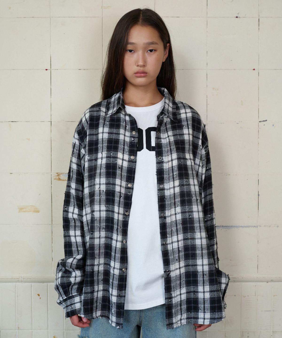 무드베러(MOODBETTER) DAMAGE WASHED CHECK SHIRT BLACK