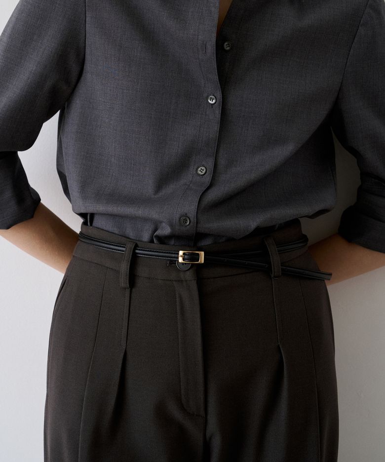 Oblong Slim Leather Belt(Black)