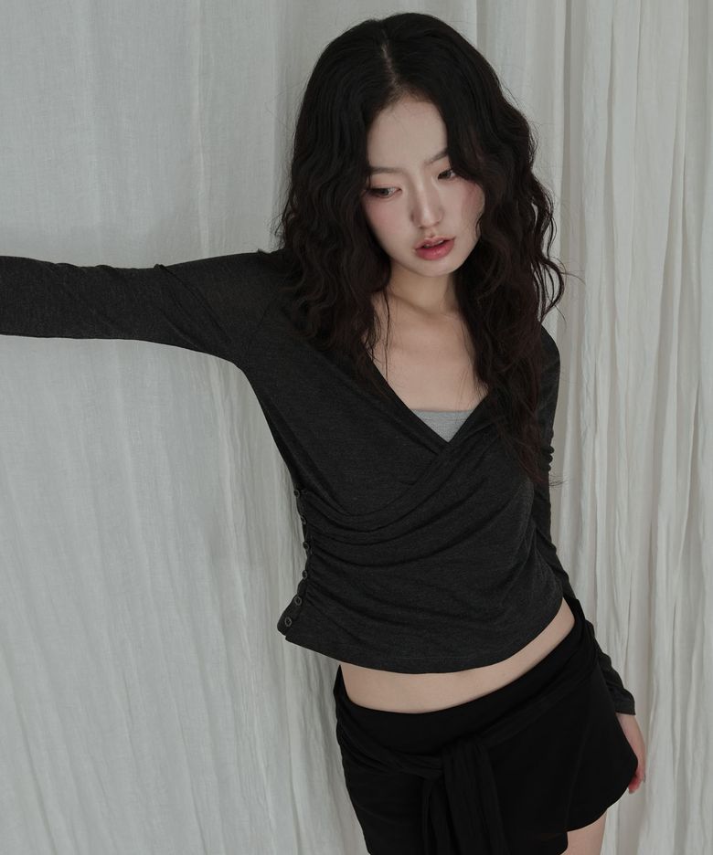 Shirring Wrap Button Up Tee (charcoal)