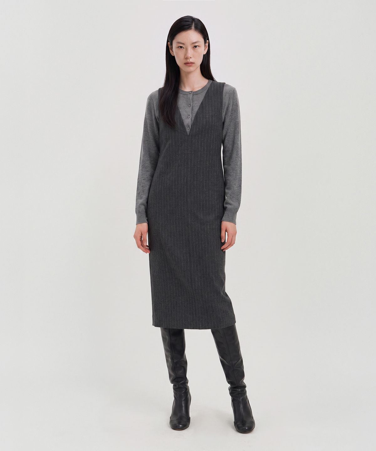 룩캐스트(LOOKAST) 울 스트라이프 딥 브이넥 미디 드레스 / WOOL STRIPE DEEP V-NECK MIDI DRESS_2colors