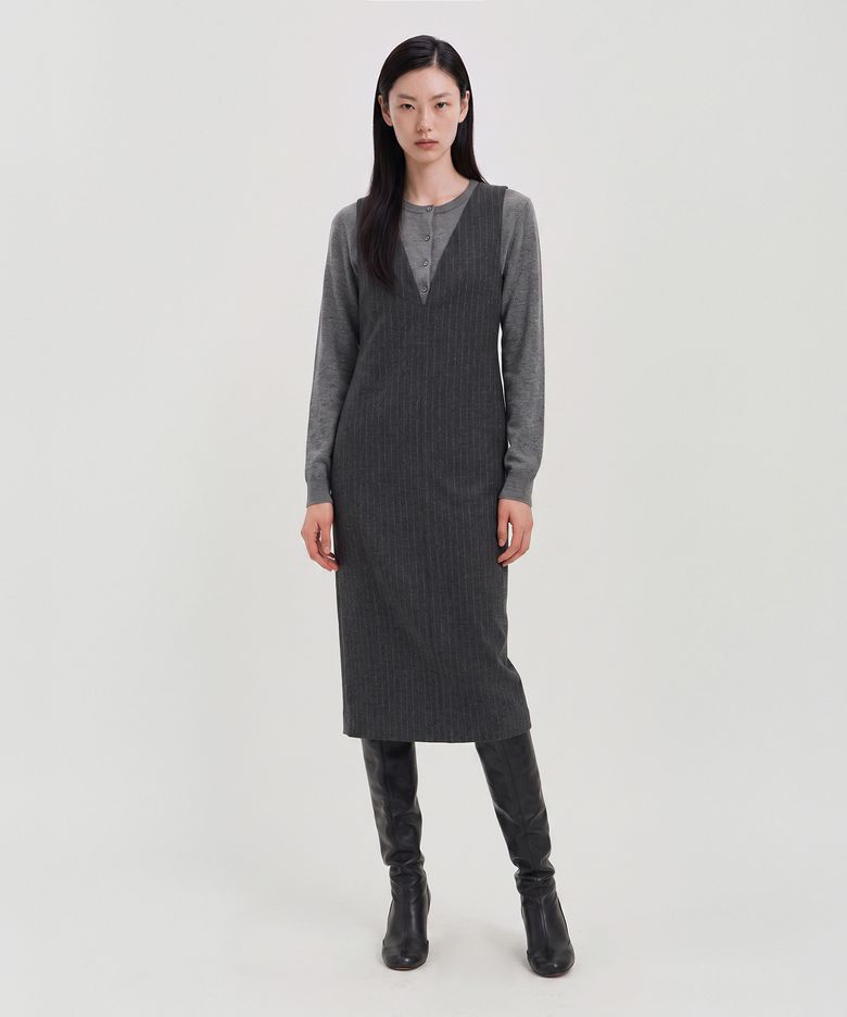 울 스트라이프 딥 브이넥 미디 드레스 / WOOL STRIPE DEEP V-NECK MIDI DRESS_2colors