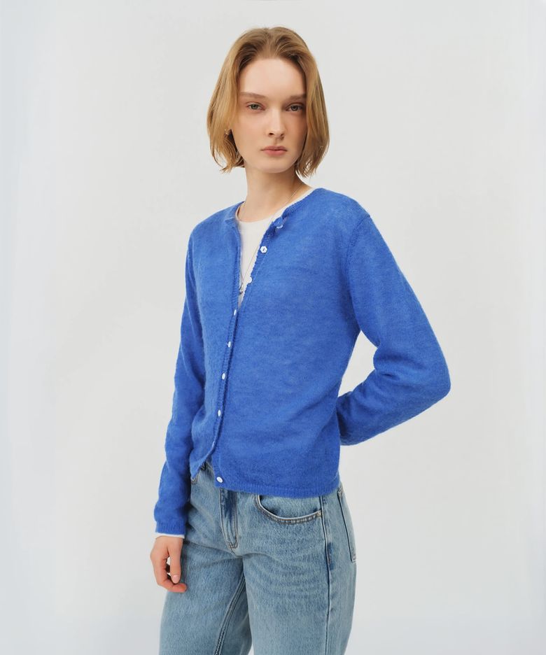 쉘 버튼 모헤어 시어 가디건_블루 / SHELL BUTTON MOHAIR SHEER CARDIGAN_BLUE