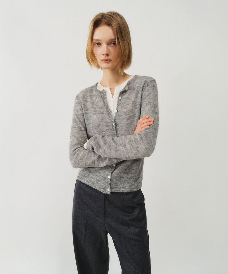 쉘 버튼 모헤어 시어 가디건_그레이 / SHELL BUTTON MOHAIR SHEER CARDIGAN_GREY