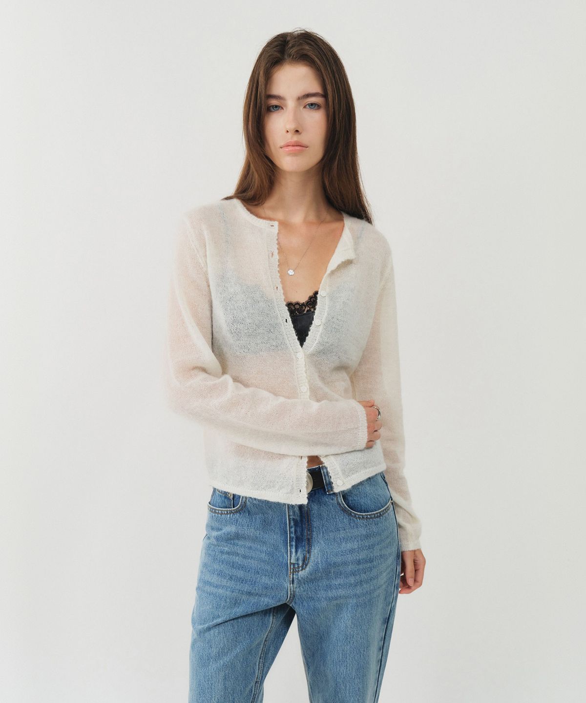 룩캐스트(LOOKAST) 쉘 버튼 모헤어 시어 가디건_아이보리 / SHELL BUTTON MOHAIR SHEER CARDIGAN_IVORY