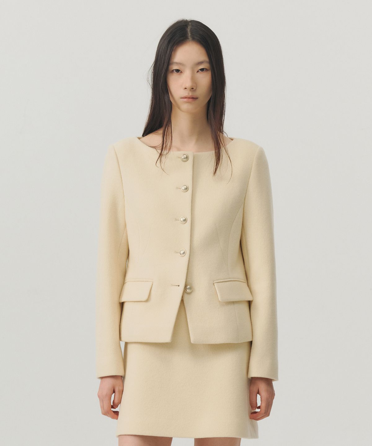 룩캐스트(LOOKAST) 소프트 울 트위드 보트넥 슬림 자켓_아이보리 / SOFT WOOL TWEED BOAT-NECK SLIM JACKET_IVORY