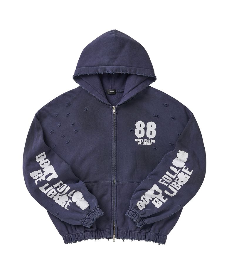 88 DISTRESSED ZIP HOODIE / NAVY