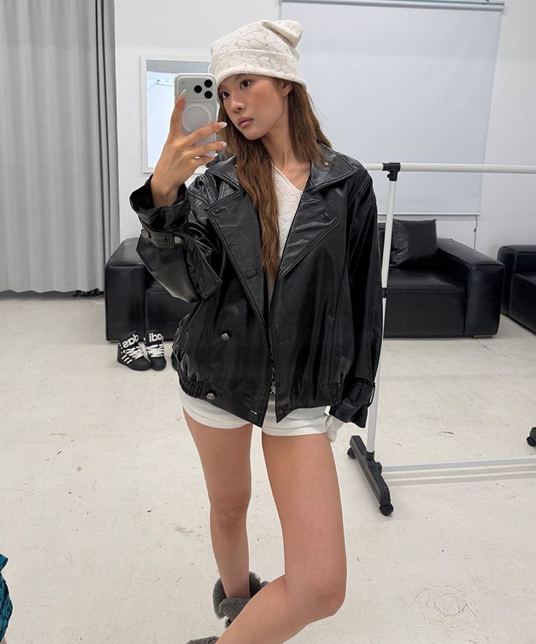 BACK ZIP LEOPARD LEATHER JACKET / BLACK