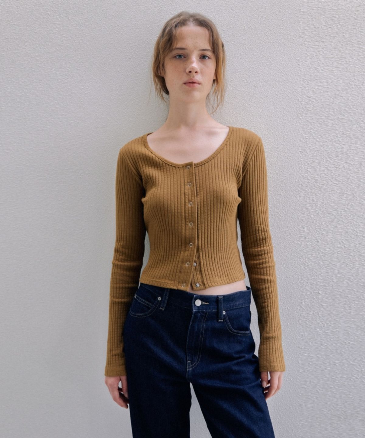 어나우트(UNNOUT) SOFT RIB JERSEY CARDIGAN  MUSTARD
