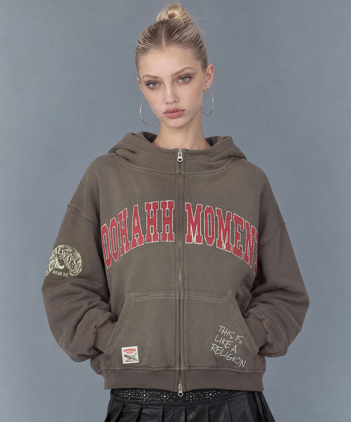 우아(OOH-AHH) 빈티지 피그먼트 후드집업 (브라운)