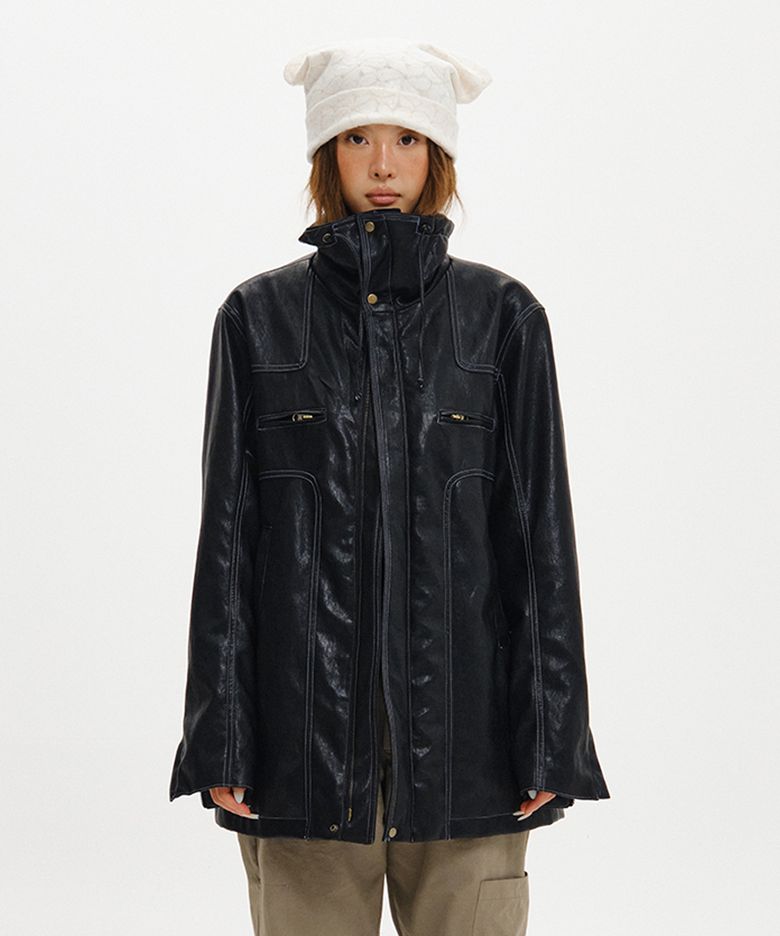 HIGH NECK STITCH LEATHER JACKET(FUR VEST SET) / BLACK