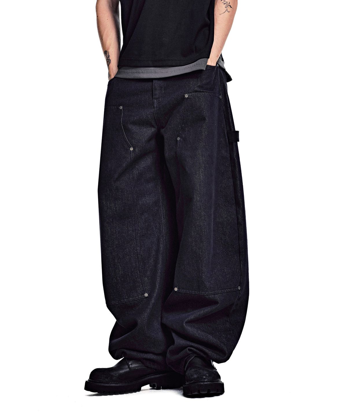 세컨모놀로그(SECONDMONO) Leather Panel Carpenter Wide Denim [INDIGO]_SEPT083INDIGO
