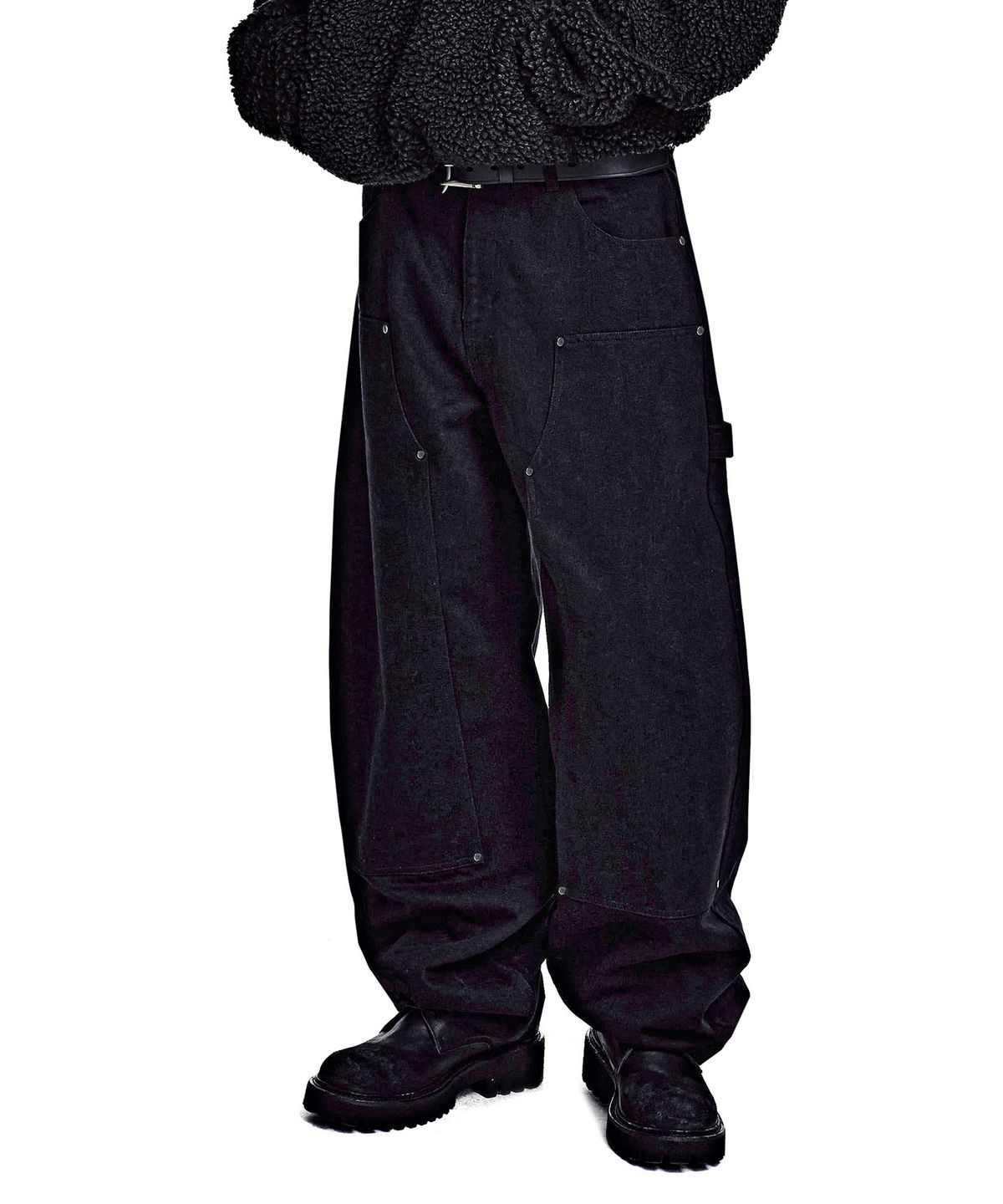 세컨모놀로그(SECONDMONO) Leather Panel Carpenter Wide Denim [BLACK]_SEPT083BLACK
