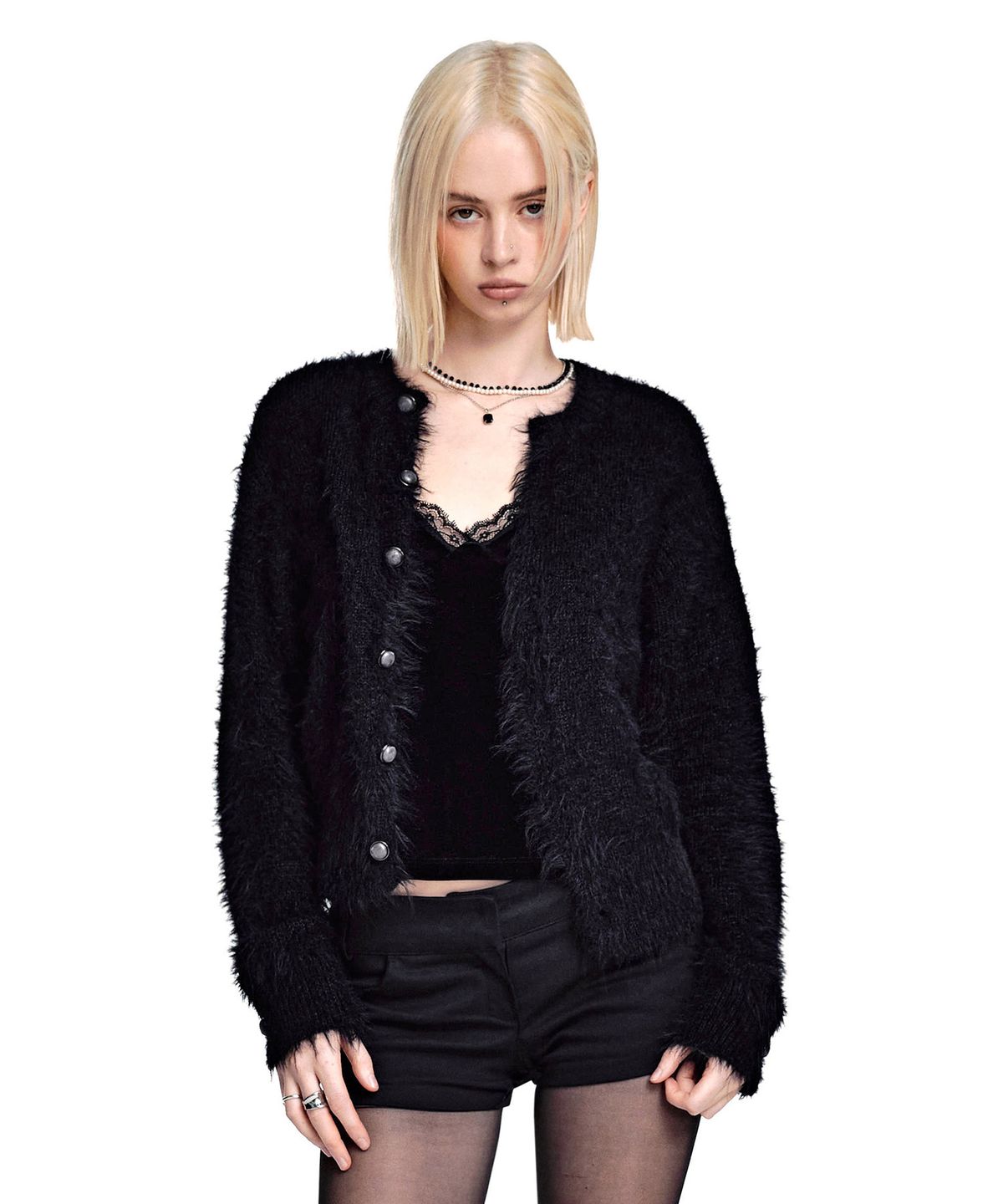 세컨모놀로그(SECONDMONO) Hairy Round Neck Button Cardigan [BLACK]_SEWCD009BLACK