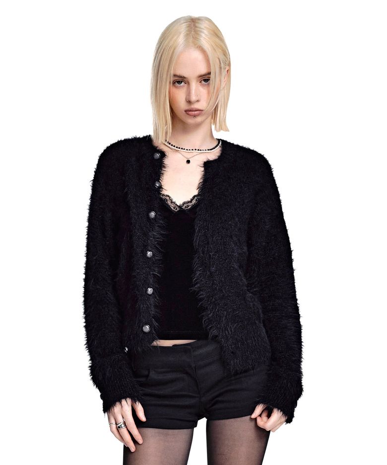 Hairy Round Neck Button Cardigan [BLACK]_SEWCD009BLACK