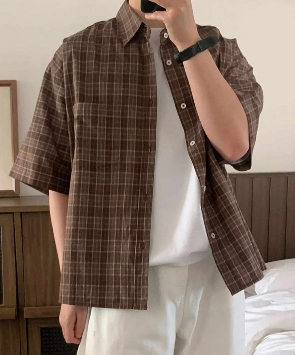 후크(HUKE) 더 시티 체크 반팔 셔츠 (파스텔 브라운)